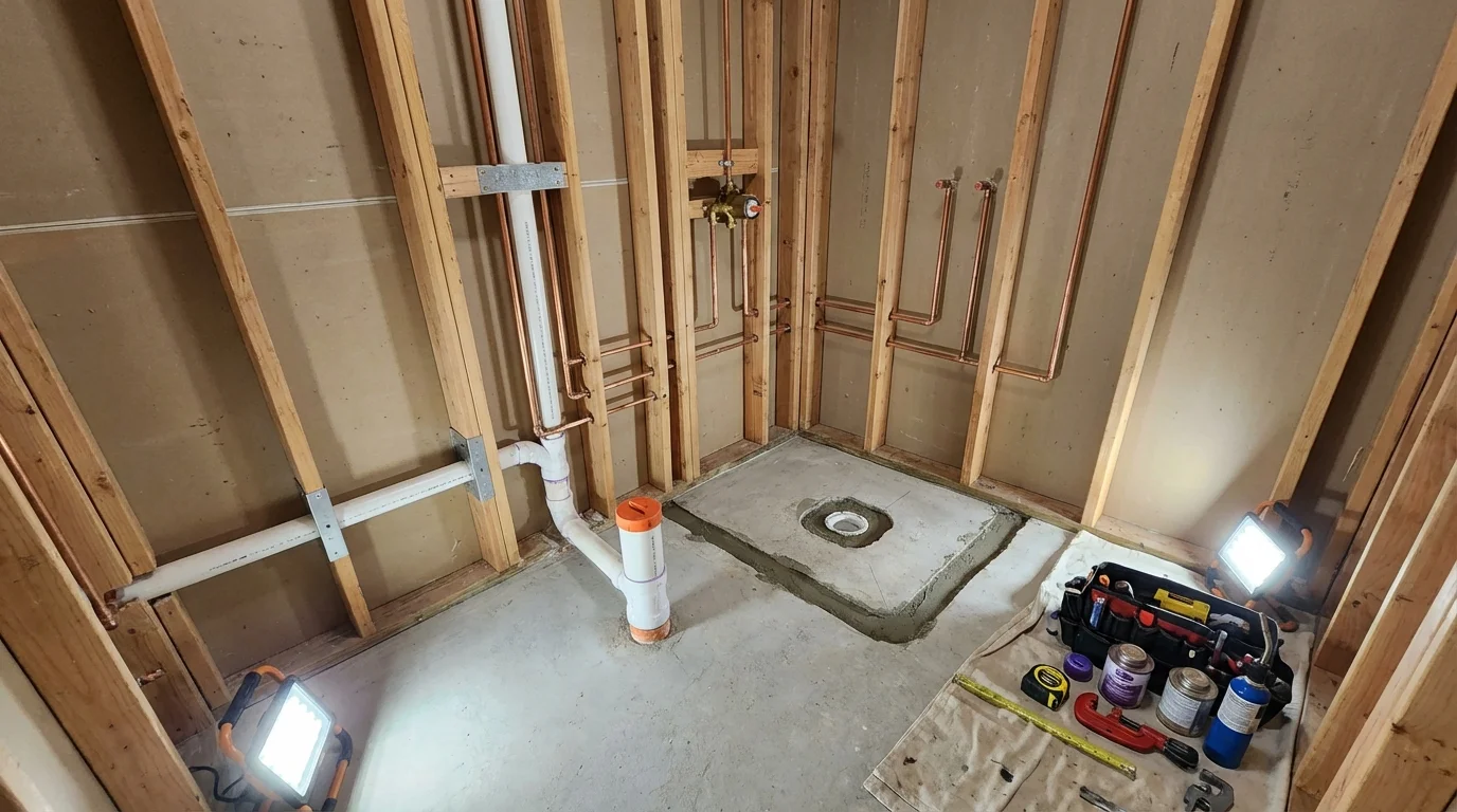 Bathroom rough-in plumbing during remodel by Johns Plumbing LLC in Camino