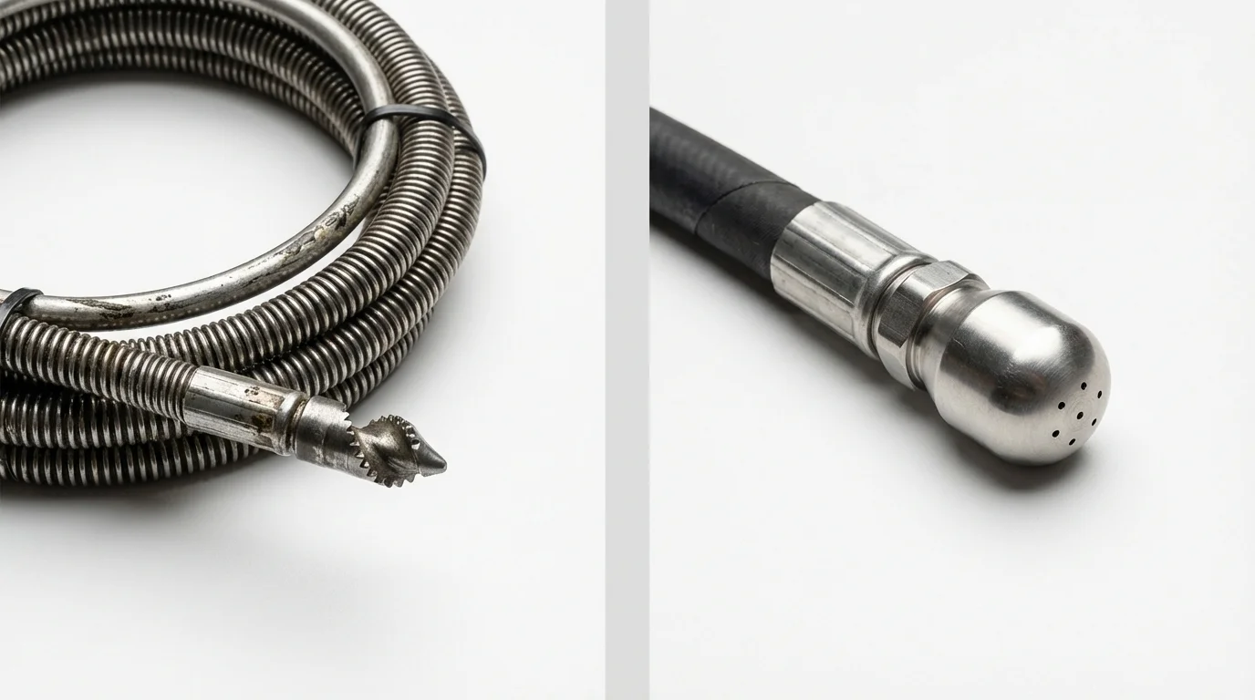 Drain snake cable and hydro jetting nozzle used for drain cleaning in Camino, CA