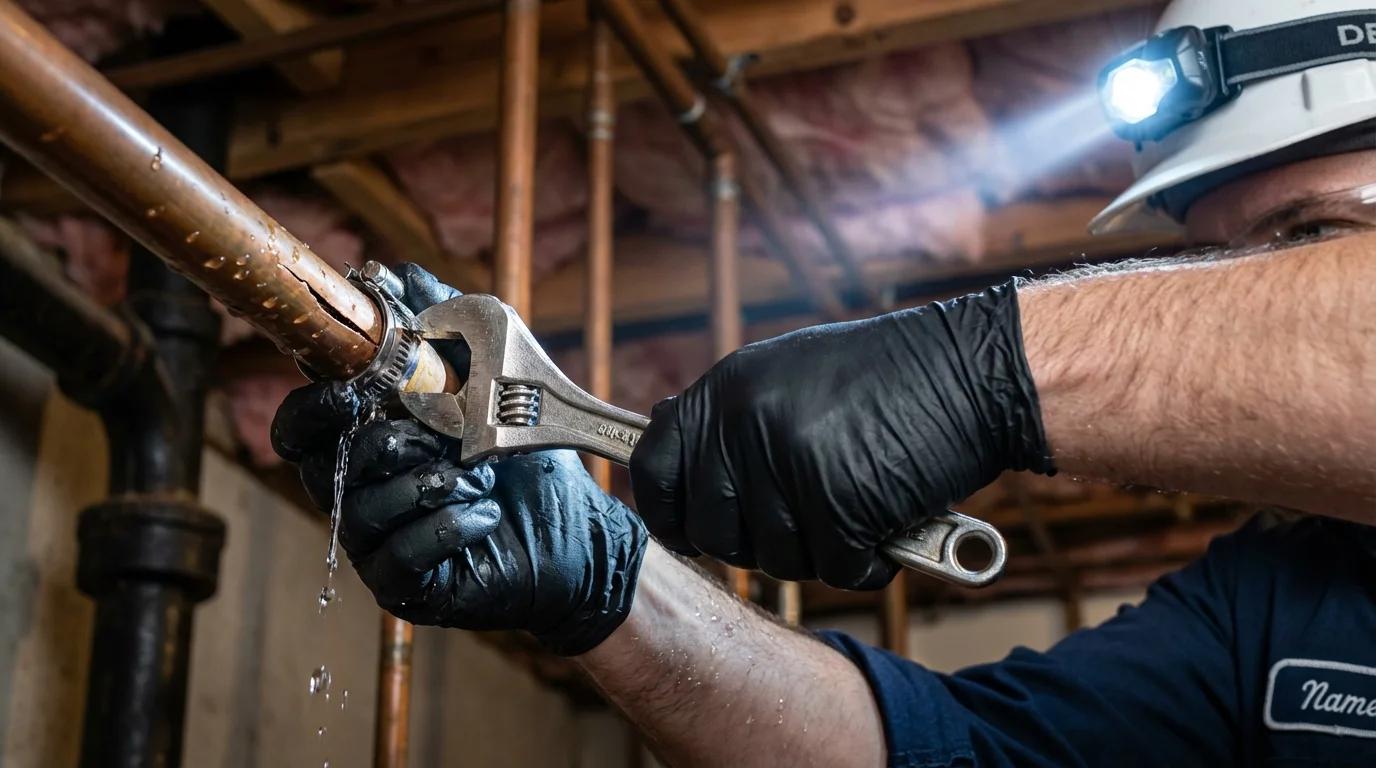 Emergency pipe clamp repair being performed by a Johns Plumbing LLC plumber in Camino